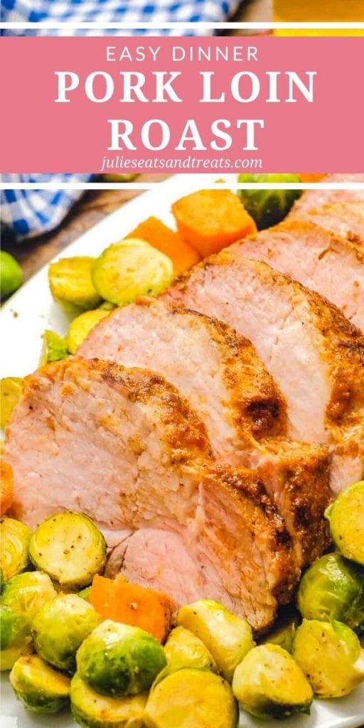 pork loin roast slices surrounded by Brussels sprouts and sweet potatoes on a white tray