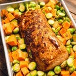 Pan of vegetables and pork loin roast