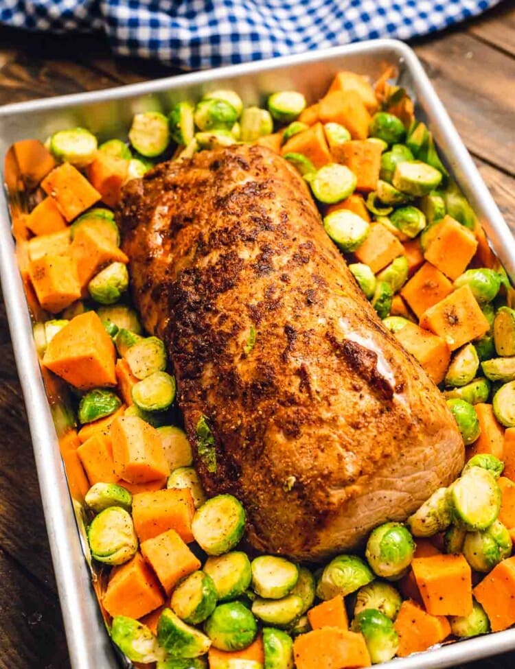 Pan of vegetables and pork loin roast