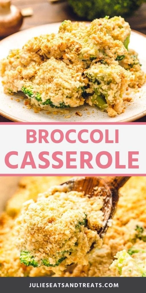Broccoli casserole collage. Top image of broccoli casserole on a white plate, bottom image of a wooden spoon scooping broccoli casserole