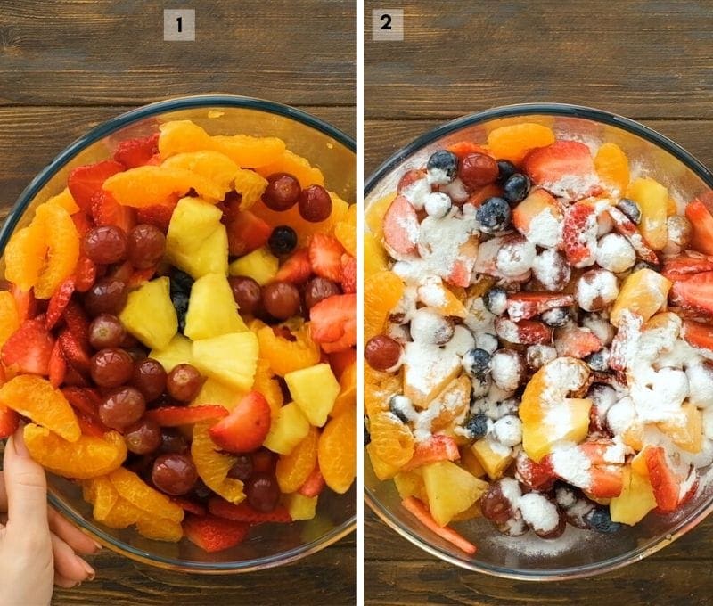 Fruit Salad prep collage with vanilla pudding sprinkled on top