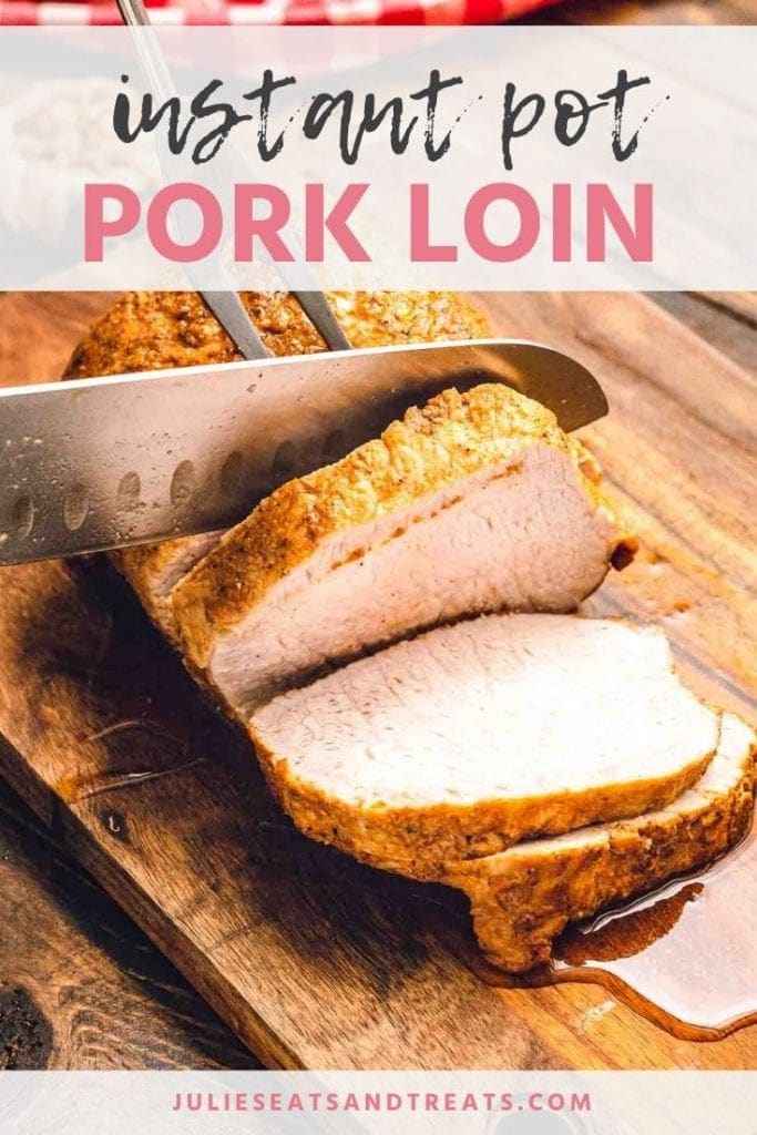 Pork loin being sliced on a wood cutting board