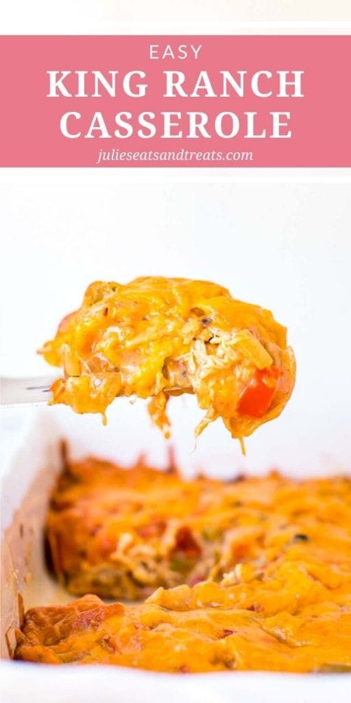 King Ranch Casserole on a fork over the casserole dish