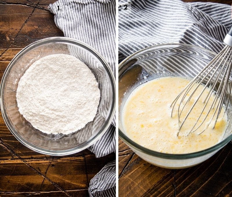 Two photos side by side of wet and dry ingredients for pancakes