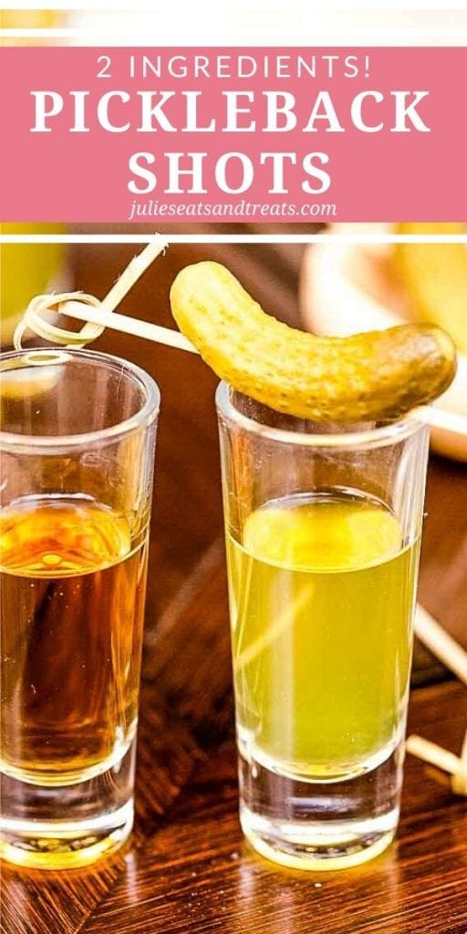 A shot glass of whiskey next to a shot glass of pickle brine with a pickle on top