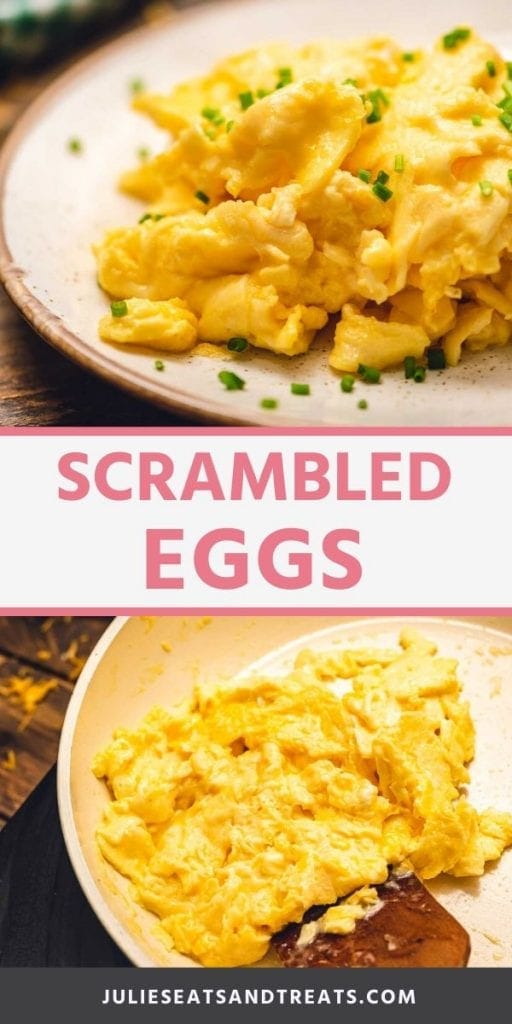 Perfectly Light & Fluffy Scrambled Eggs Collage. Top image of prepared eggs on a white plate, bottom image of eggs being cooked in a skillet with a wood spoon