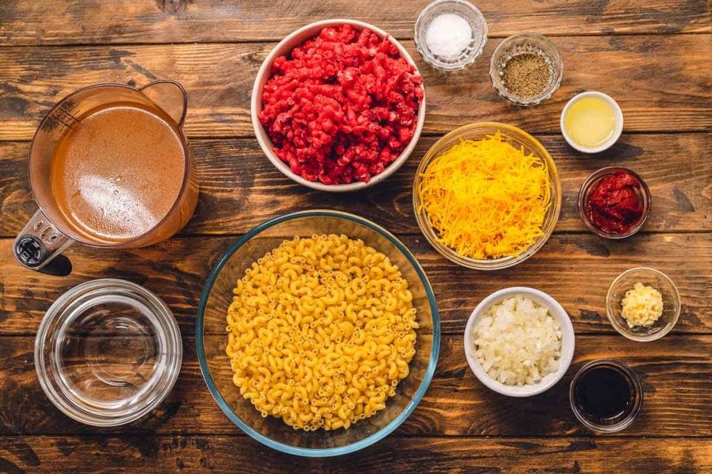 Overhead image of ingredients to make hamburger helper