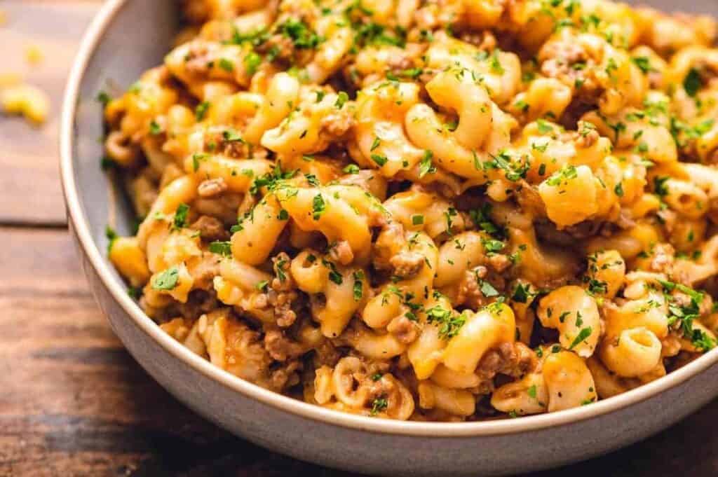 Bowl of prepared hamburger helper in it