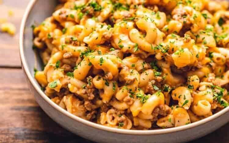 Bowl of prepared hamburger helper