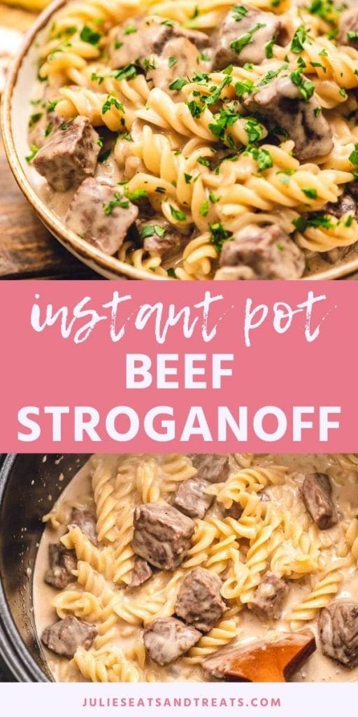 Instant Pot Beef Stroganoff Pinterest Collage. Top image of prepared beef stroganoff garnished with parsley in a bowl, bottom image of beef and noodles in an instant pot