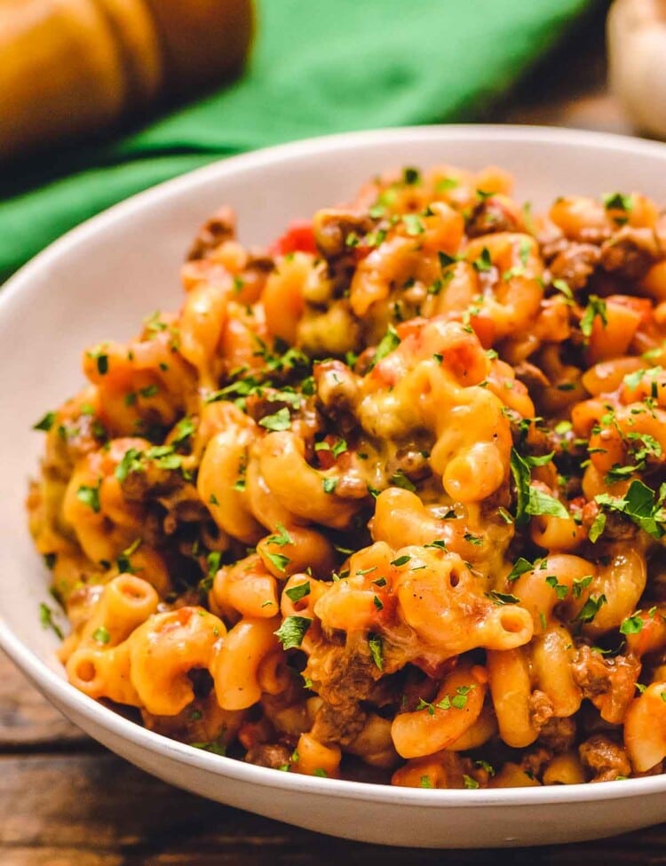 White bowl with prepared American Goulash