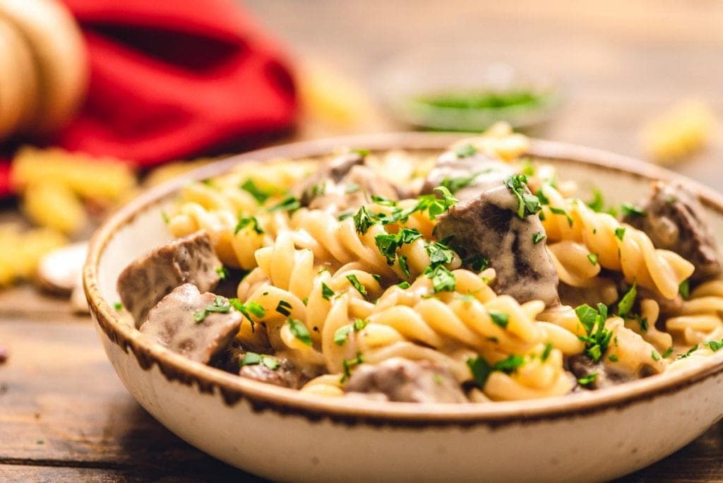 Bowl with beef stroganoff