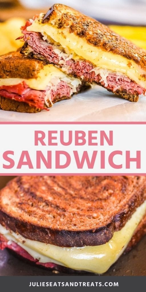 Reuben Sandwich collage. Top image of a reuben sandwich cut in half and stacked, bottom image of a reuben sandwich on a pan with cheese melting out.