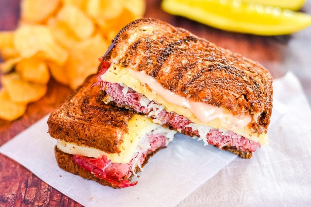 Reuben Sandwich corned beef saurkraut russian dressing swiss cheese on rye bread