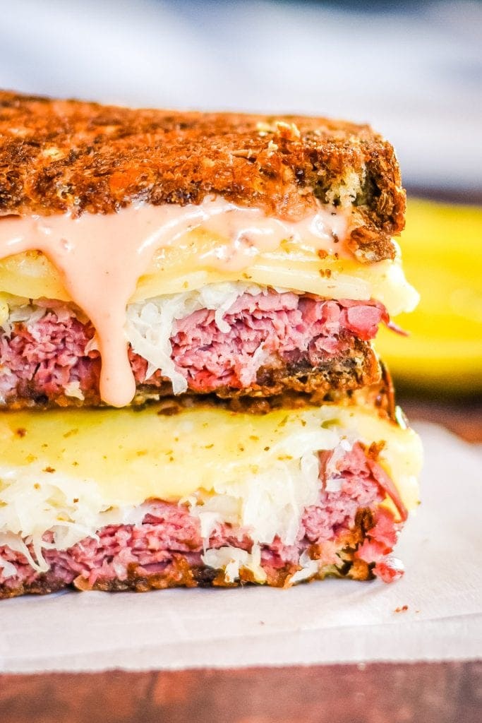 Reuben Sandwich cut in half and stacked
