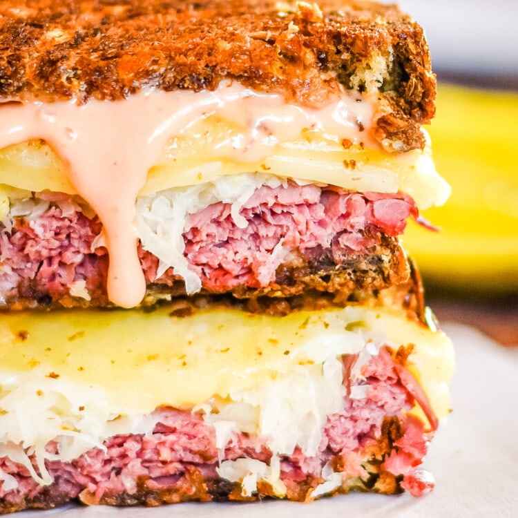 Reuben Sandwich cut in half and stacked