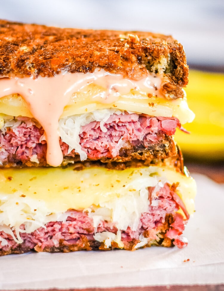 Reuben Sandwich cut in half and stacked