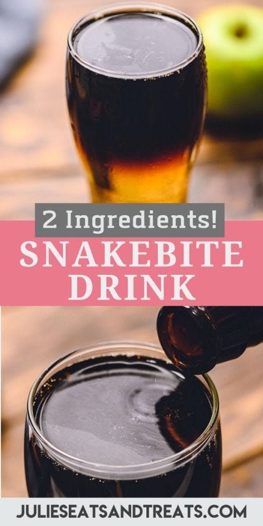 Pinterest Image of Snakebite. Top image of a snakebite drink in a small glass, bottom image of a glass bottle pouring into a small glass