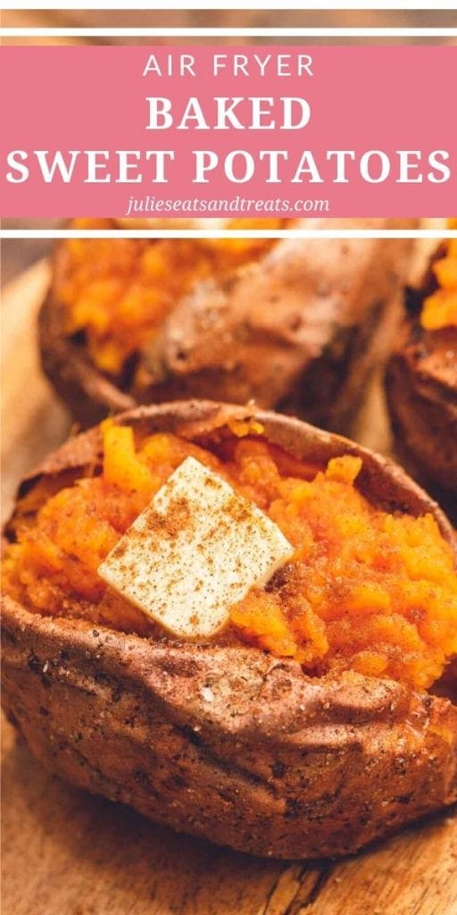 Baked sweet potatoes split open with a pad of butter in the center and sprinkled with cinnamon