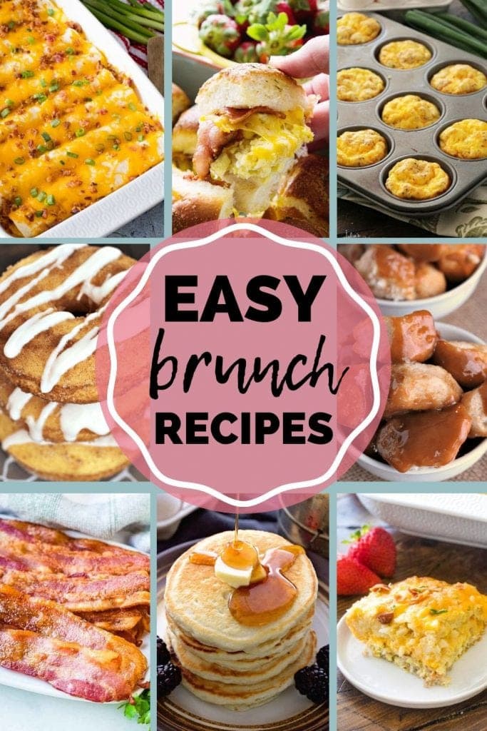 Easy brunch recipes collage with images of breakfast enchiladas, donuts, bacon, pancakes, and more