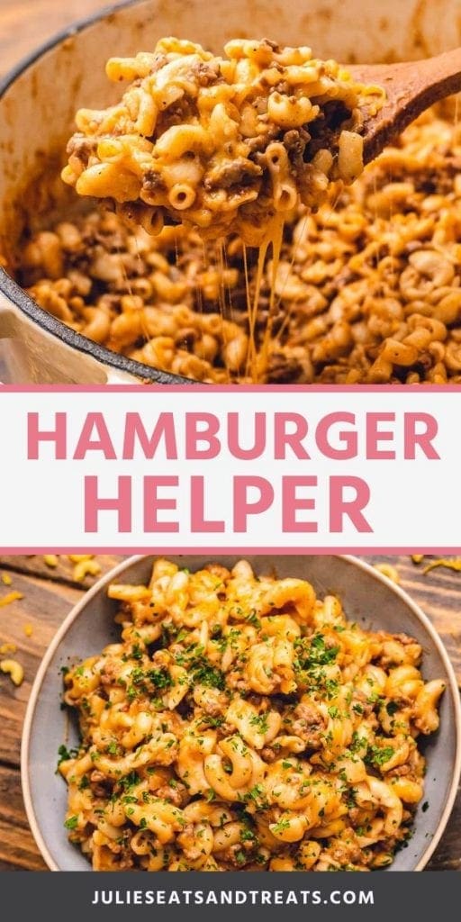 Pinterest Image of Hamburger. Top image of a wood spoon with a scoop of hamburger helper on it, bottom image of a gray bowl of hamburger helper topped with parsley