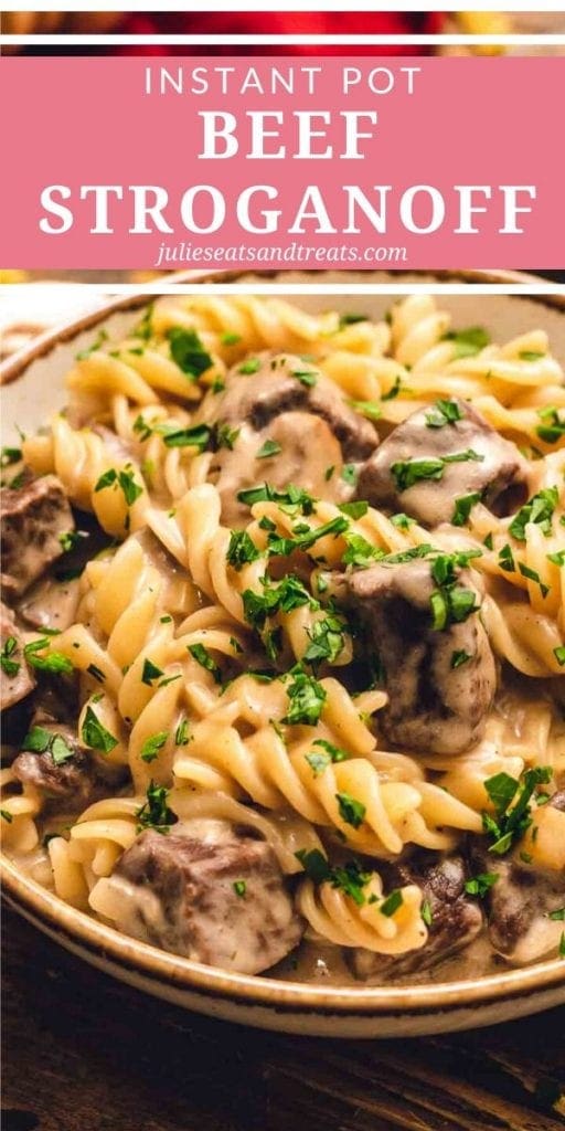 Instant Pot Beef Stroganoff in a cream bowl topped with parsley