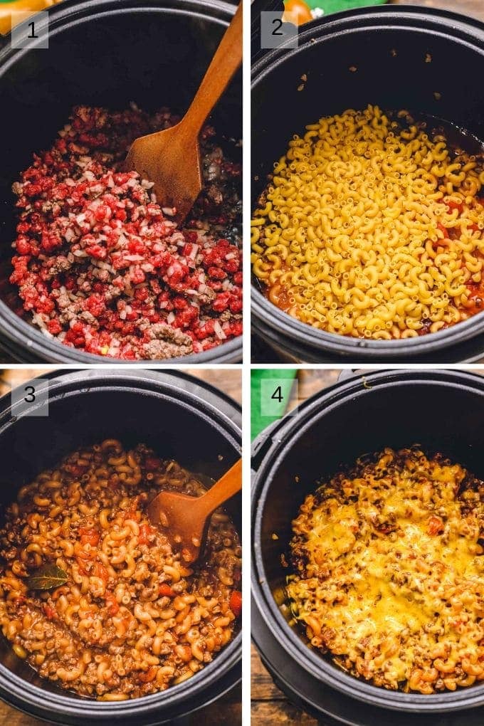 Collage of four photos showing steps to making goulash in pressure cooker