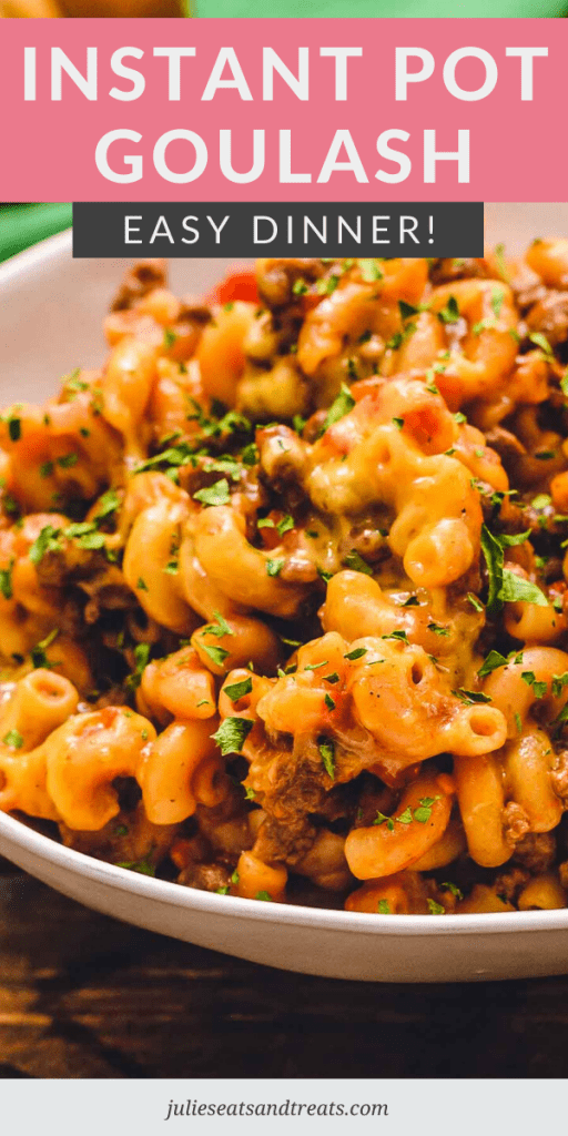 Instant pot goulash topped with parsley in a white bowl