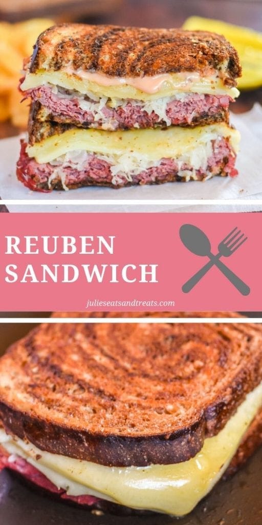 Pinterest Collage for Reuben Sandwich. Top image of a reuben sandwich cut in half and stacked, bottom image of a whole reuben sandwich on a pan with cheese melting out