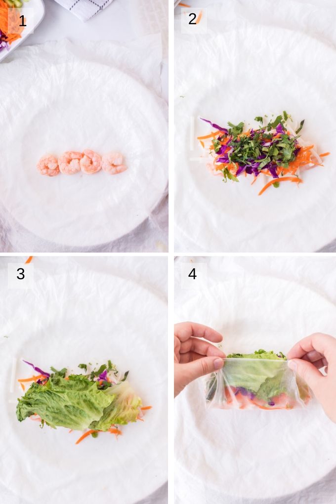 Collage of four images showing how to assemble spring rolls