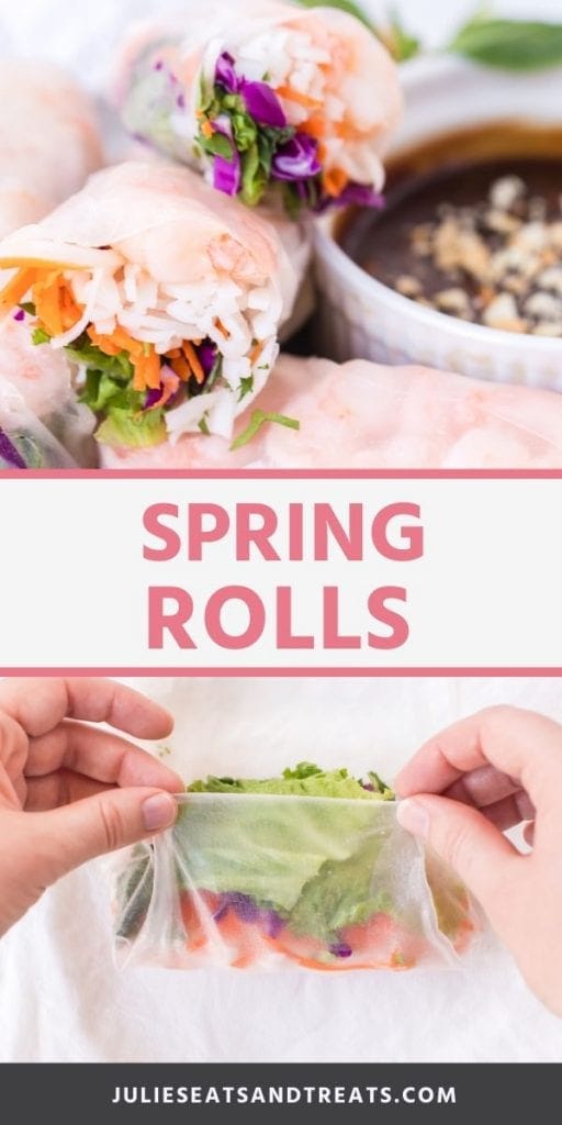 Collage for Fresh Spring Rolls. Top image of a spring roll cut in half with a bowl of sauce on the side, bottom image of vegetables being wrapped by hand