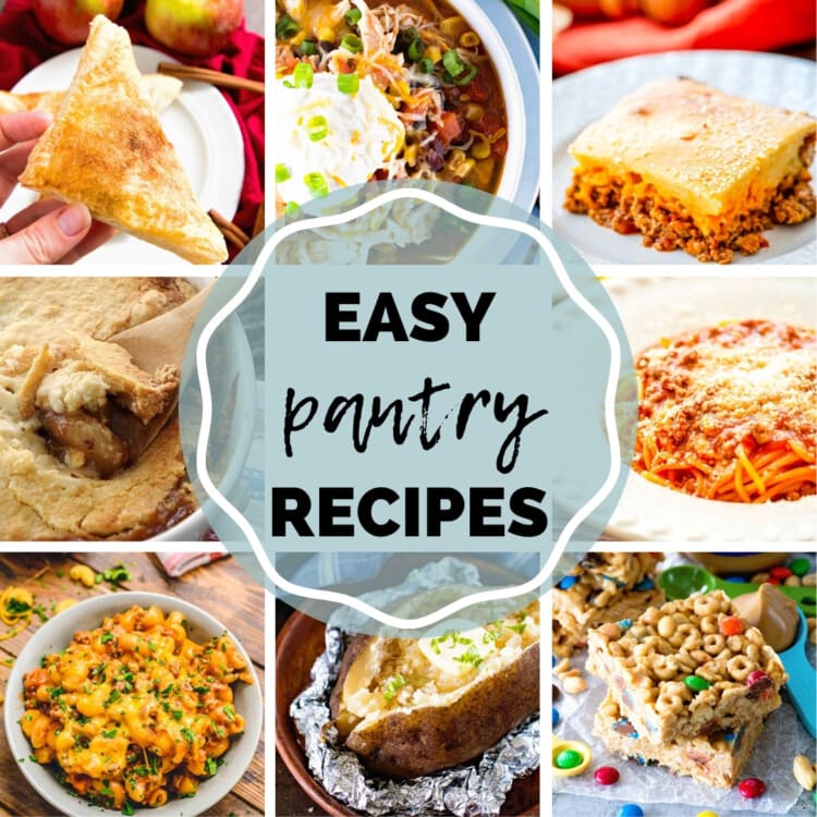 Eight images of recipes including spaghetti, potatoes, turnovers, and more with text in the center reading easy pantry recipes