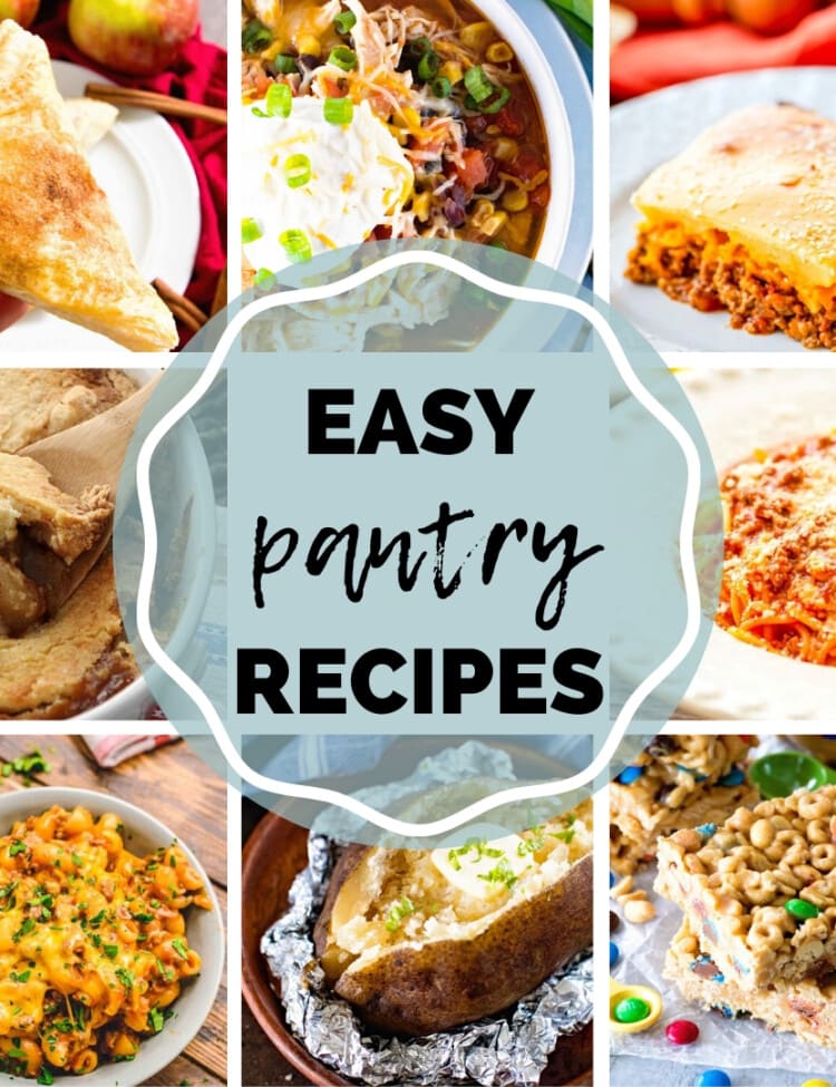 Eight images of recipes including spaghetti, potatoes, turnovers, and more with text in the center reading easy pantry recipes