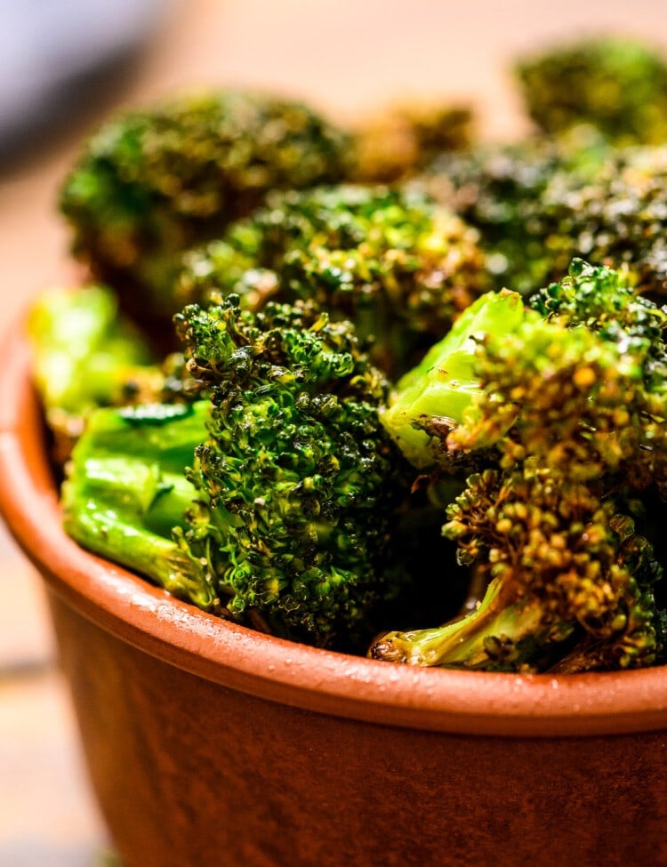 Brown bowl with roasted broccoli