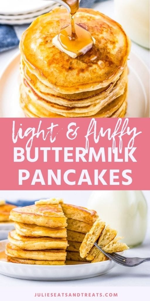 Pin Collage for Buttermilk Pancakes. Top image of syrup being poured over a tall stack of pancakes with butter on the top, bottom image of a bite of pancakes on a fork cut out of a stack of pancakes.