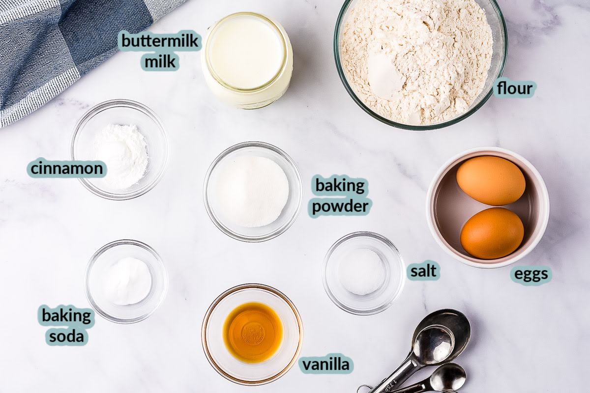 Overhead image of ingredients to make buttermilk pancakes