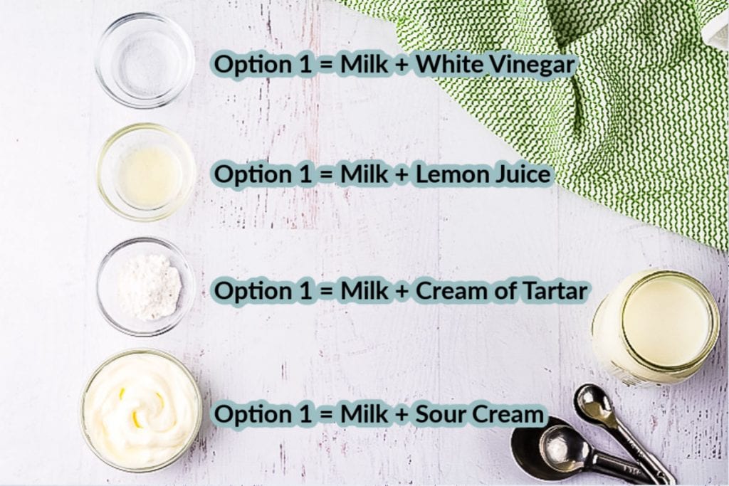 Ingredients to make Buttermilk Substitute milk white vinegar lemon juice sour cream cream of tartar