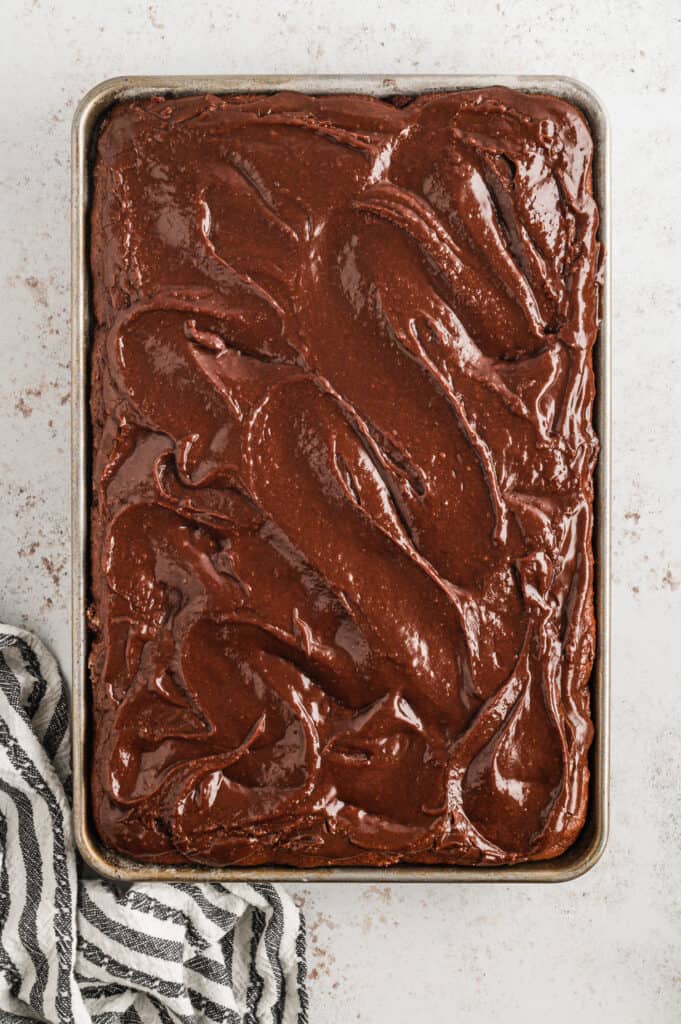 Frosted Chocolate Cherry Bars in baking pan