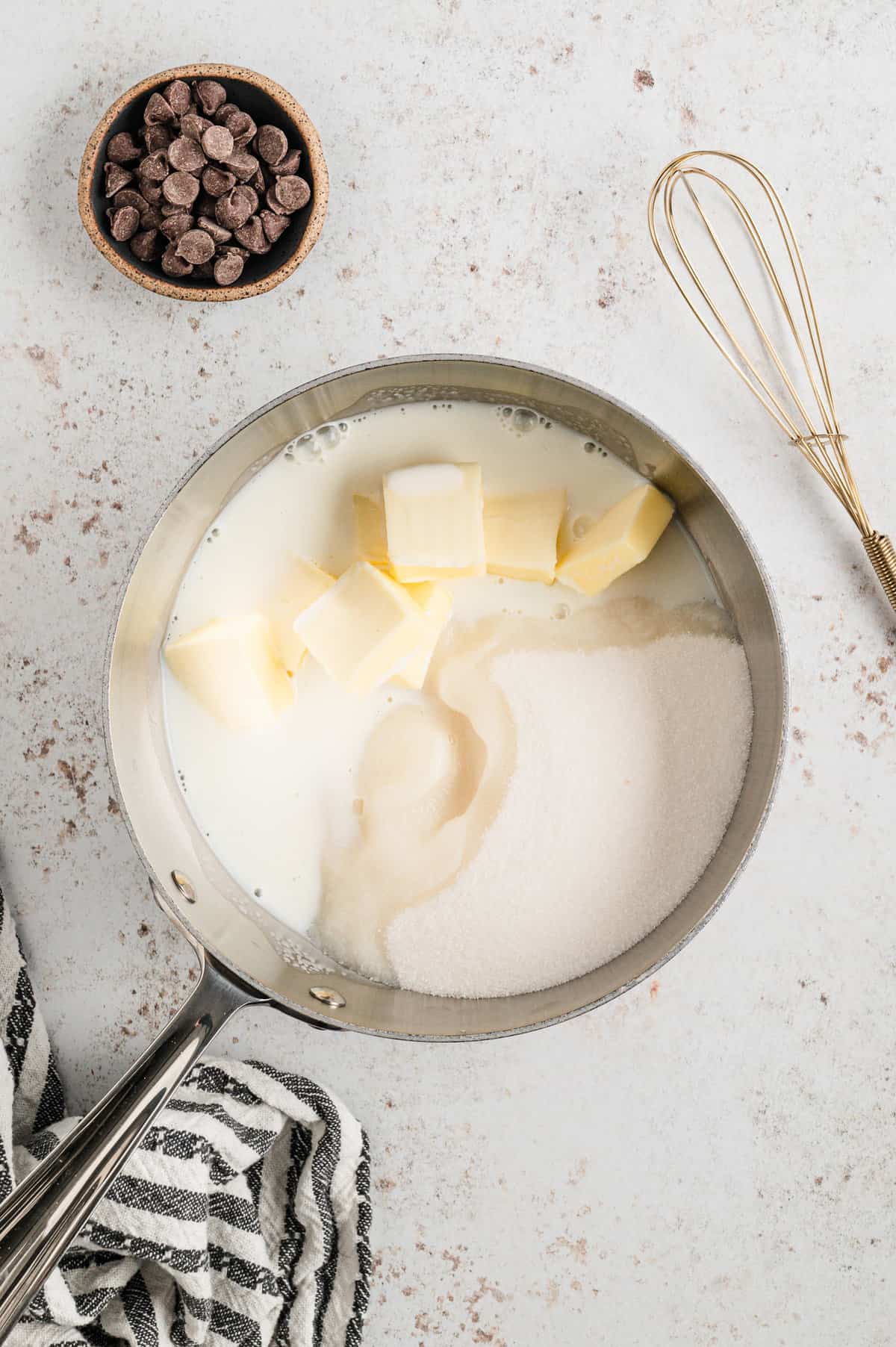 Frosting ingredients in saucepan for Chocolate Cherry Bars recipe