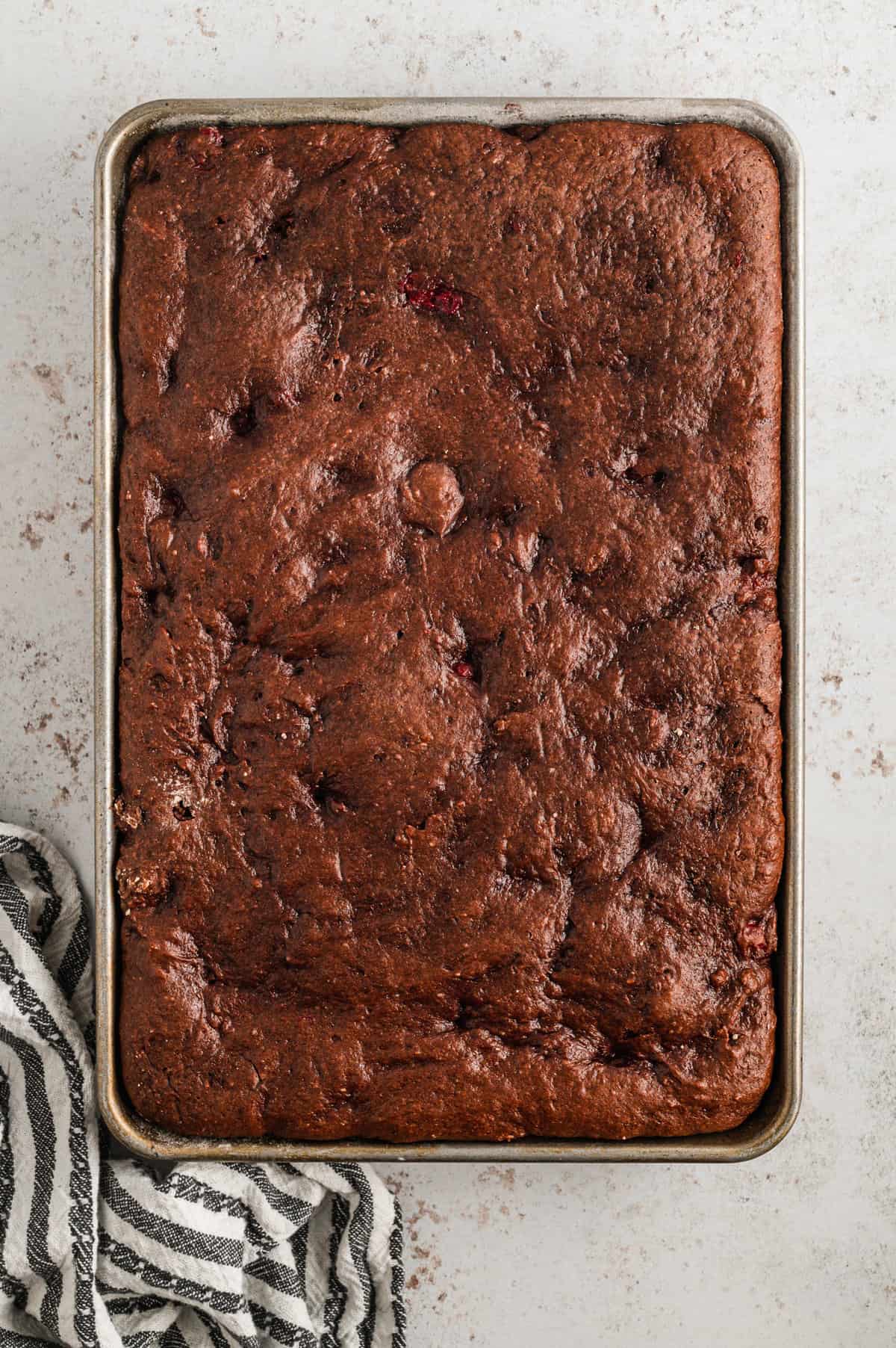 Chocolate Cherry Bars hot out of the oven in baking pan