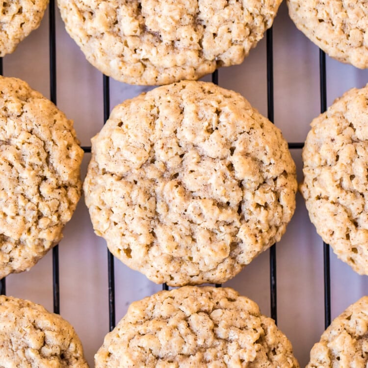 Oatmeal Cookies on wire rack with parchment paper under it