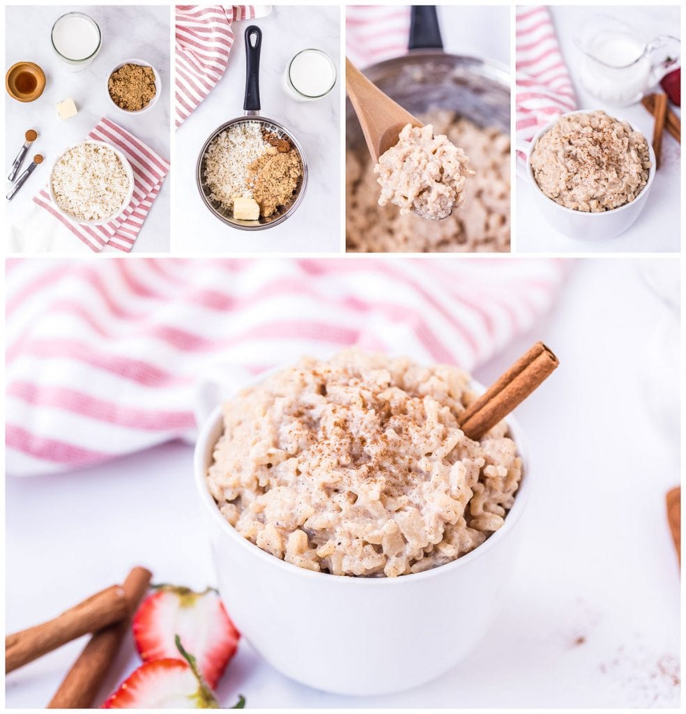 Collage of images showing ingredients needed preparing and prepared rice pudding