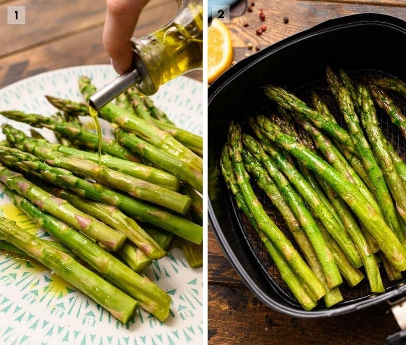 Two image collage on how to make air fryer asparagus