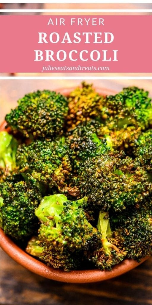 Air fryer roasted broccoli florets in a brown bowl