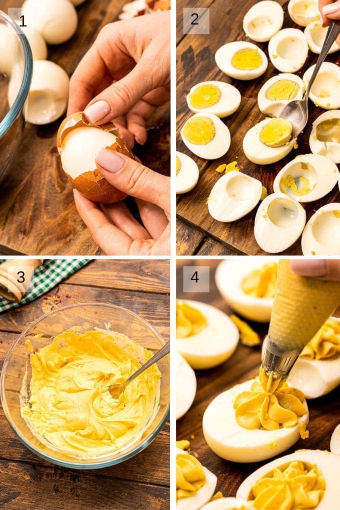 Four Image Collage showing peeling the eggs scooping out yolk creamy yolk mixture and piping yolk into egg
