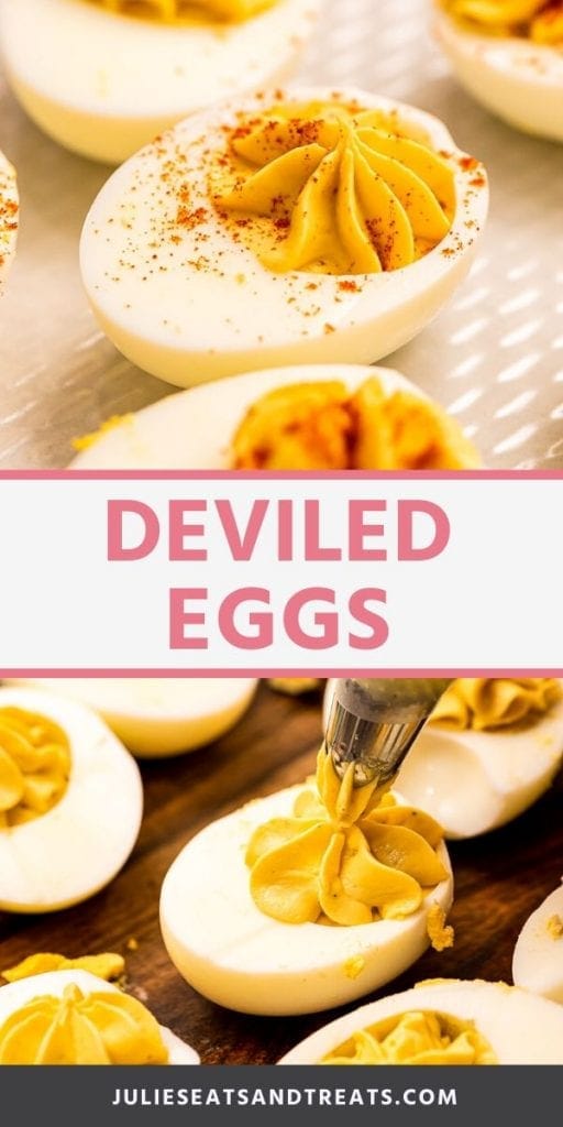 Deviled Eggs collage with the top image close up of a deviled egg on a white serving tray and bottom image of deviled eggs being filled on a cutting board