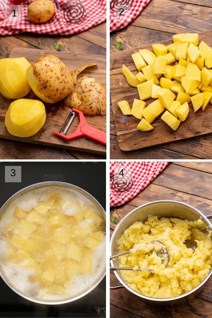 Collage of four images showing how to boil and mash potatoes