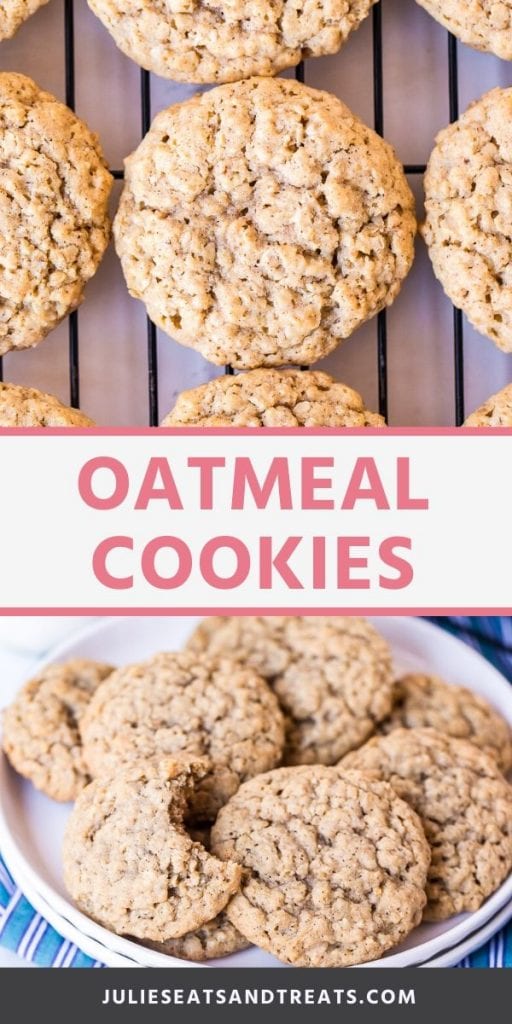 Pinterest Collage Oatmeal Cookies. Top image of oatmeal cookies on a cooling rack, bottom image of cookies on a plate one with a bite taken out of it