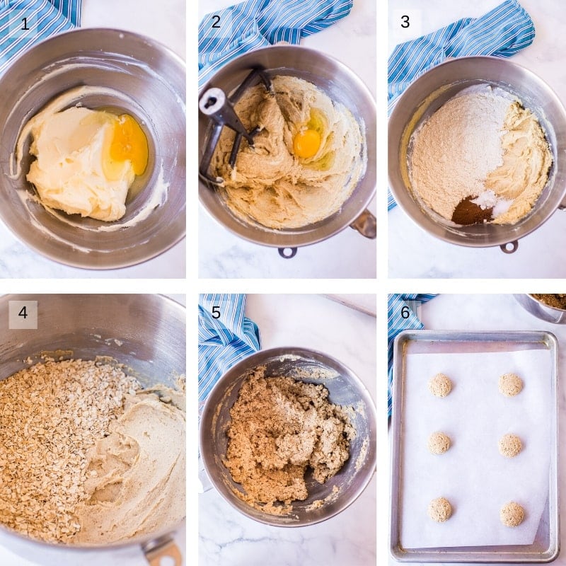 Collage of six images showing how to mix oatmeal cookies