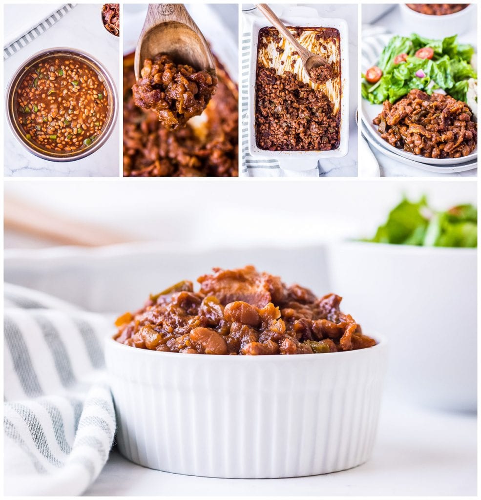 Collage of baked beans in pan, plated, bowl and more